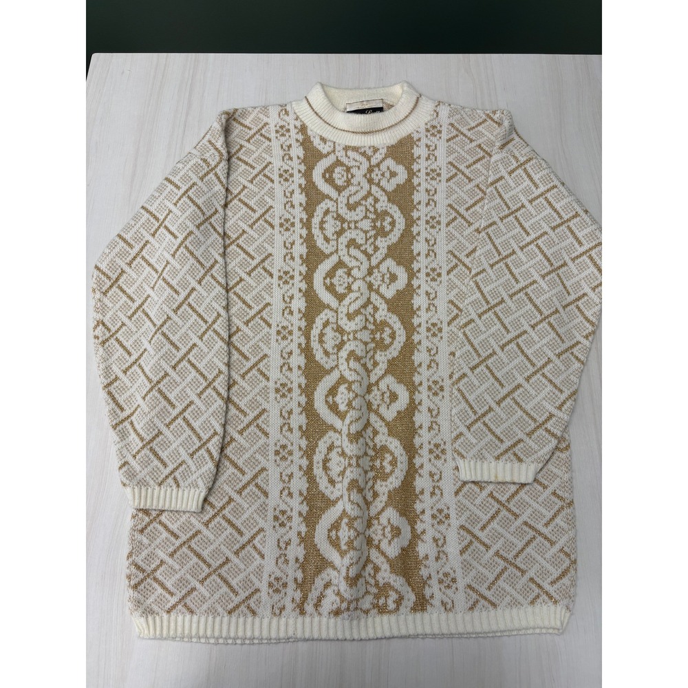 Dana Scott Vintage Gold Metallic Knit Sweater Men's Medium Geometric Coogi Style
